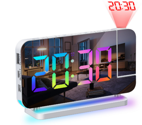 Relógio Despertador com Projeção, Função de Rádio, Termômetro e Higrômetro - Design Moderno com LED e Espelho