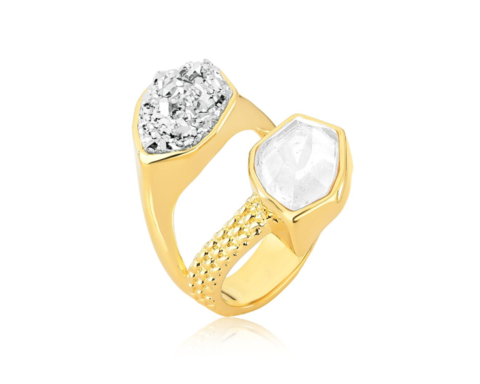 Anel Cascata - Drusa Platina e Cristal de Rocha - Coleção Acqua