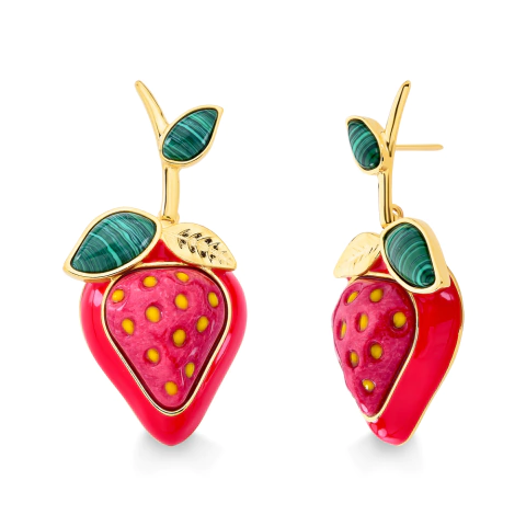 Brinco Morango - Feldspato Vermelho, Malaquita e Esmalte Amarelo e Vermelho - Coleção Piquenique