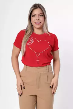 T-shirt com aplicação em pérolas - Vermelho Rubi