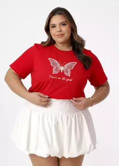 T-shirt Plus Size estampado com aplicação em strass - Vermelho Rubi
