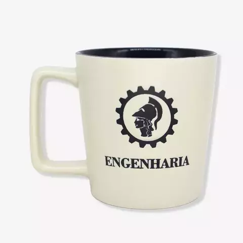 Caneca Buck de 400ML com estampa de Engenharia, apresentando a palavra "ENGENHARIA" e um símbolo de engrenagem com um guerreiro.