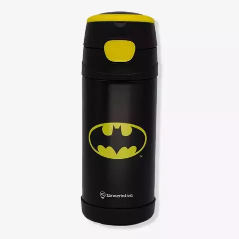 Garrafa térmica infantil preta com o logo do Batman em amarelo.