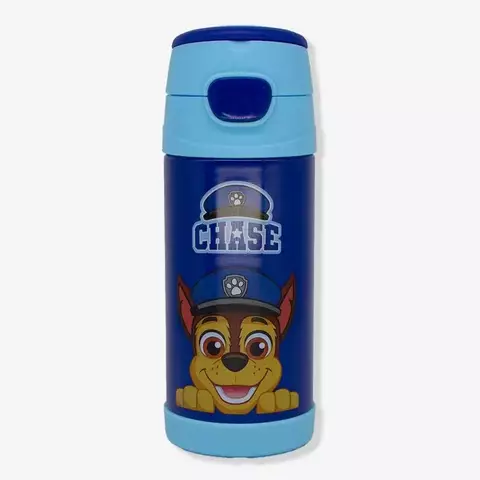 Garrafa térmica infantil com design do personagem Chase, da Patrulha Canina, em tons de azul.