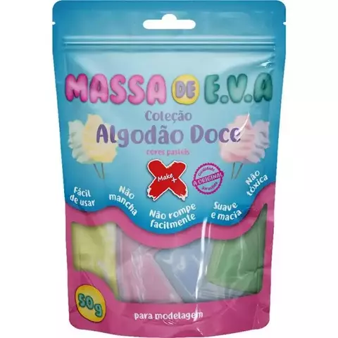 Pacote de massa de EVA 5 cores pastel, da coleção Algodão Doce, com destaque para suas características como fácil de usar e não tóxica.