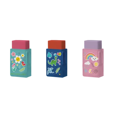 Conjunto de três borrachas coloridas com desenhos divertidos, incluindo flores, dinossauros e arco-íris.
