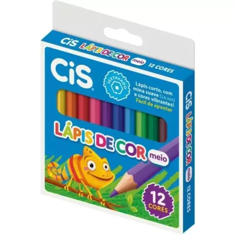 Caixa de lápis de cor curto sextavado, contendo 12 cores vibrantes da marca CIS, com um lagarto colorido na embalagem.
