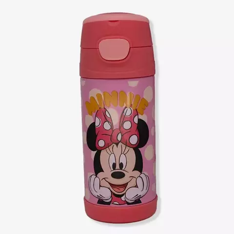 Garrafa infantil de 350 ml com estampa da Minnie Mouse, em tons de rosa, com tampa superior.