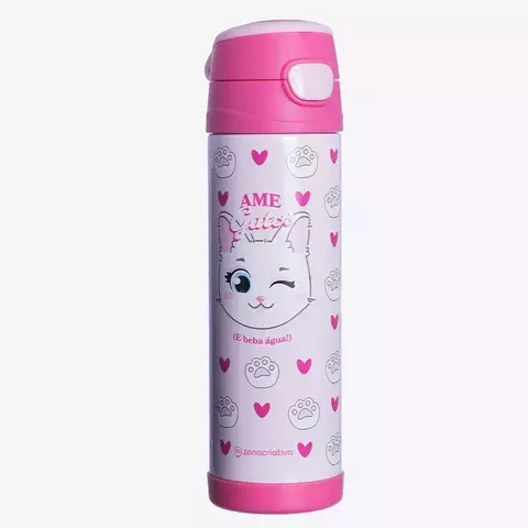 Garrafa térmica rosa com estampa de gato e corações, com texto "AME Gatos" e "E beba água!"