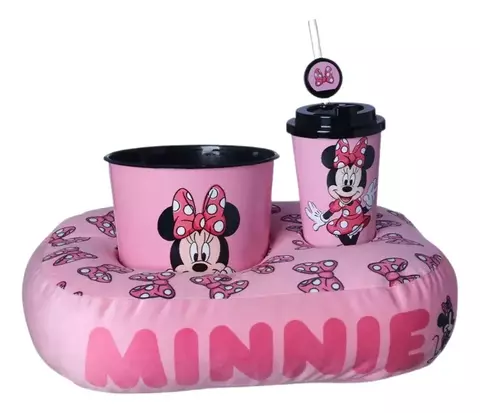 Kit de almofada de pipoca infantil com estampa da Minnie, incluindo balde e copo.