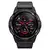 Smartwatch Mibro GS Active com display digital em preto e vermelho, mostrando informações sobre clima, data, frequência cardíaca e atividades físicas.