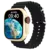 Smartwatch N10 Ultra dourado com tela de 2,01 polegadas mostrando a imagem da Terra e pulseira preta ondulada
