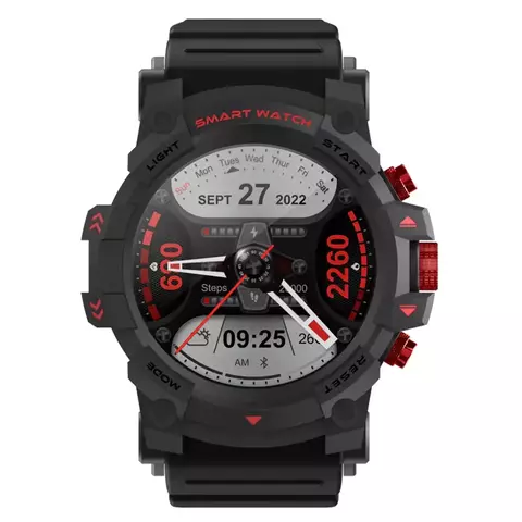 Smartwatch Thunder Wearzone preto com mostrador digital e analógico, botões vermelhos e indicadores de passos, data e hora