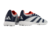Chuteira Society Adidas Predator 24 Elite Low Unissex nas cores cinza e azul, vista de lado e atrás.