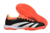 Chuteira Society Adidas Predator 24 Elite em preto com detalhes em laranja e branco, vista lateral e inferior.