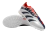 Chuteira Society Adidas Predator 24 Elite Low Unissex nas cores cinza e azul, com detalhes em vermelho e sola branca.