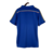 Camisa retrô do Palmeiras na cor azul, vista de trás, com detalhes em amarelo e listras coloridas na parte superior.