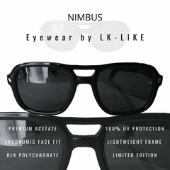 Óculos de sol modelo NIMBUS da marca LK-LIKE, com lentes escuras e armação preta, destacando características como proteção UV e design leve.