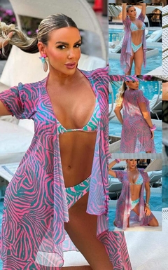 Biquíni COZUMEL Cortininha com Asa Delta Fio Duplo Zebra Rosa e Verde Água - loja online