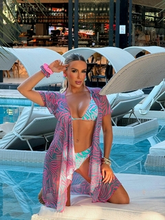 Biquíni COZUMEL Cortininha com Asa Delta Fio Duplo Zebra Rosa e Verde Água - illaMare Moda Praia