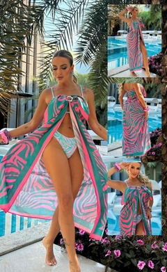 Pareô Cozumel Zebra Rosa e Verde Água