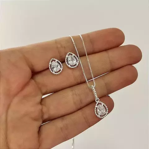 Conjunto de Prata 925 Gota Branca Pontilhado