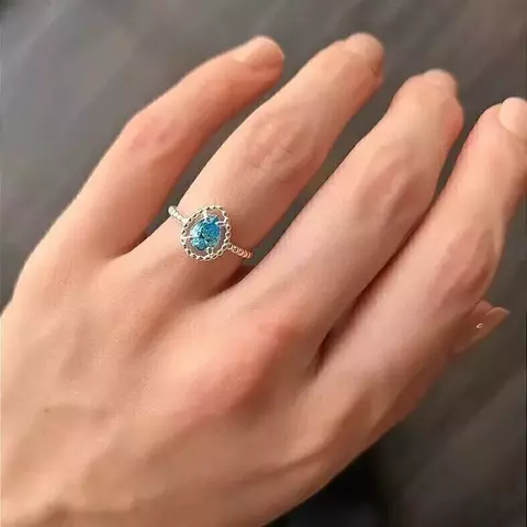 Anel de Prata 925 Zircônia Gota Azul Pontilhada