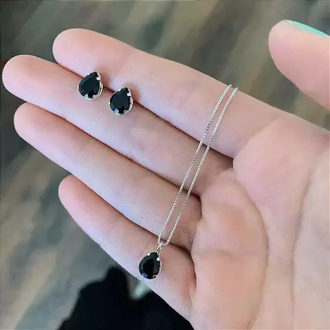 Conjunto Gota Zircônia Preta Prata 925 - CL042