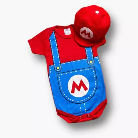 BODY SUPER MARIO BROSS + BOINA TEMÁTICO INFANTIL PERSONAGENS MEVERSARIO FANTASIA MENINO