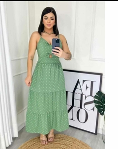Vestido midi verde estampado com coração branco alcinha fina - lojadaedy
