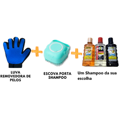 Kit Limpeza Pet Escova para Cachorro Gato Dispenser Shampoo + Luva Tira Pelo Massageadora + Shampoo
