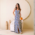 Vestido Longo Padrão Azul com Detalhe Laranja - loja online