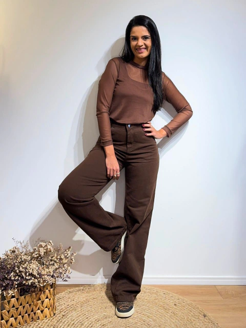 Calça Sarja Wide Marrom