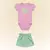 Conjunto body manga curta em suedine e short-saia em strech denim