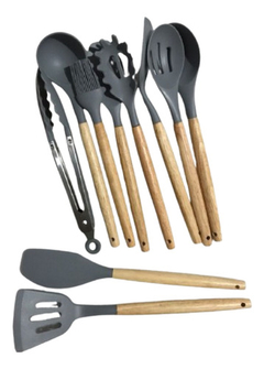 Kit C/12 Utensílios De Cozinha Silicone Cabo Madeira na internet
