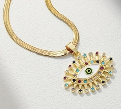 Colar Semijoia Olho Grego Zircônias Coloridas-Banho Ouro 18k - Silver Shine - Prata 925