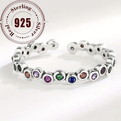 Anel Ajustável Zircônias Coloridas Prata 925 - Silver Shine - Prata 925