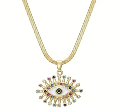 Colar Semijoia Olho Grego Zircônias Coloridas-Banho Ouro 18k