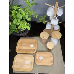 Conjunto de 3 400ml Potes herméticos de vidro com tampa de bambu retangular marmita - comprar online