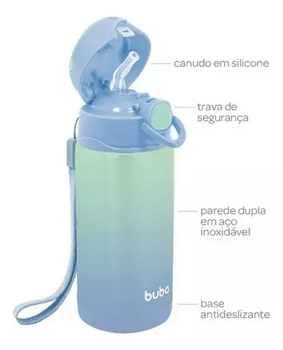 Garrafa Térmica Infantil Canudo Parede Dupla Inox Azul 400ml