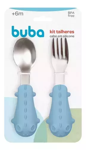 Kit Talheres Garfo Colher Inox Cabo Silicone-Azul