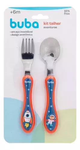 Kit Talheres Infantil Aventuras Colher E Garfo - Buba Cor Laranja E Azul