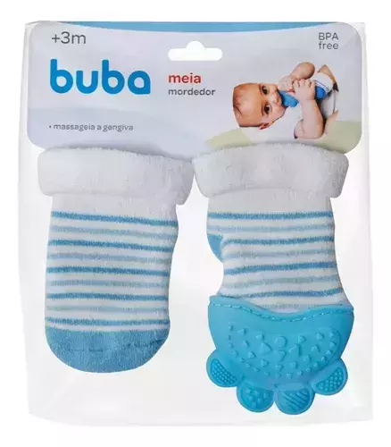Meia Com Mordedor Silicone Gengiva Bebê - Buba - Azul