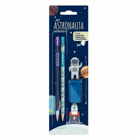 KIT ESCOLAR ASTRONAUTA - 2 LÁPIS, APONTADOR E BORRACHA - LEO E LEO