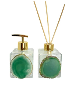 Kit lavabo - saboneteira e difusor quadrado pedra natural ágata verde 250 ml - comprar online