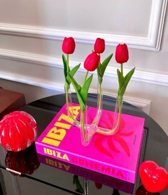 Tulipas vermelhas permanentes artificiais toque real no vaso tubo e livro caixa rosa