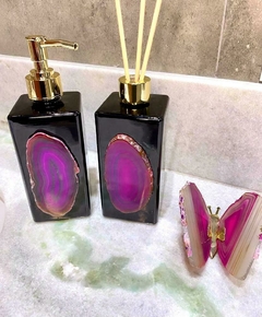 Kit lavabo - saboneteira e difusor preto ágata rosa