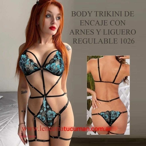 LUI BODY TRIKINI DE ENCAJE CON ARNES Y LIGUERO REGULABLE NEGRO VERDE 1026NV