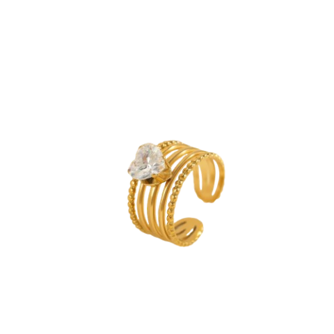 Anel Ajustavel Dourado com Coração Brilhante - Não escurece - Ouro 18k em Aço Premium