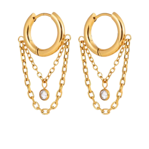 Brinco Argola Flow com Correntes e Cristal – Ouro 18k